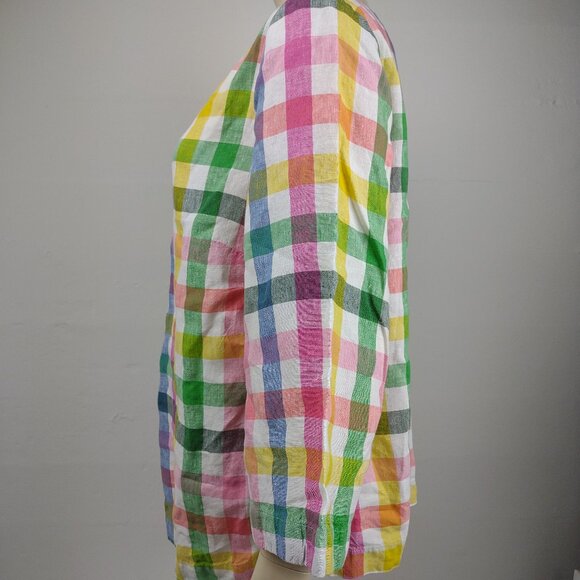 Boden colorful plaid check 100% Linen round neck 3/4 sleeve blouse top ladies 12 - Picture 5 of 7